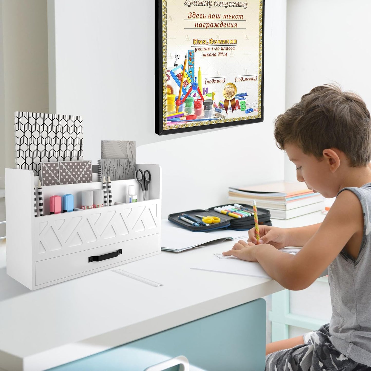 Bamboo Mail Organizer Countertop Wood Desk Organizer Drawer Tabletop Storage Box Letter Sorter Makeup Organizer for School Home Office Supplies White