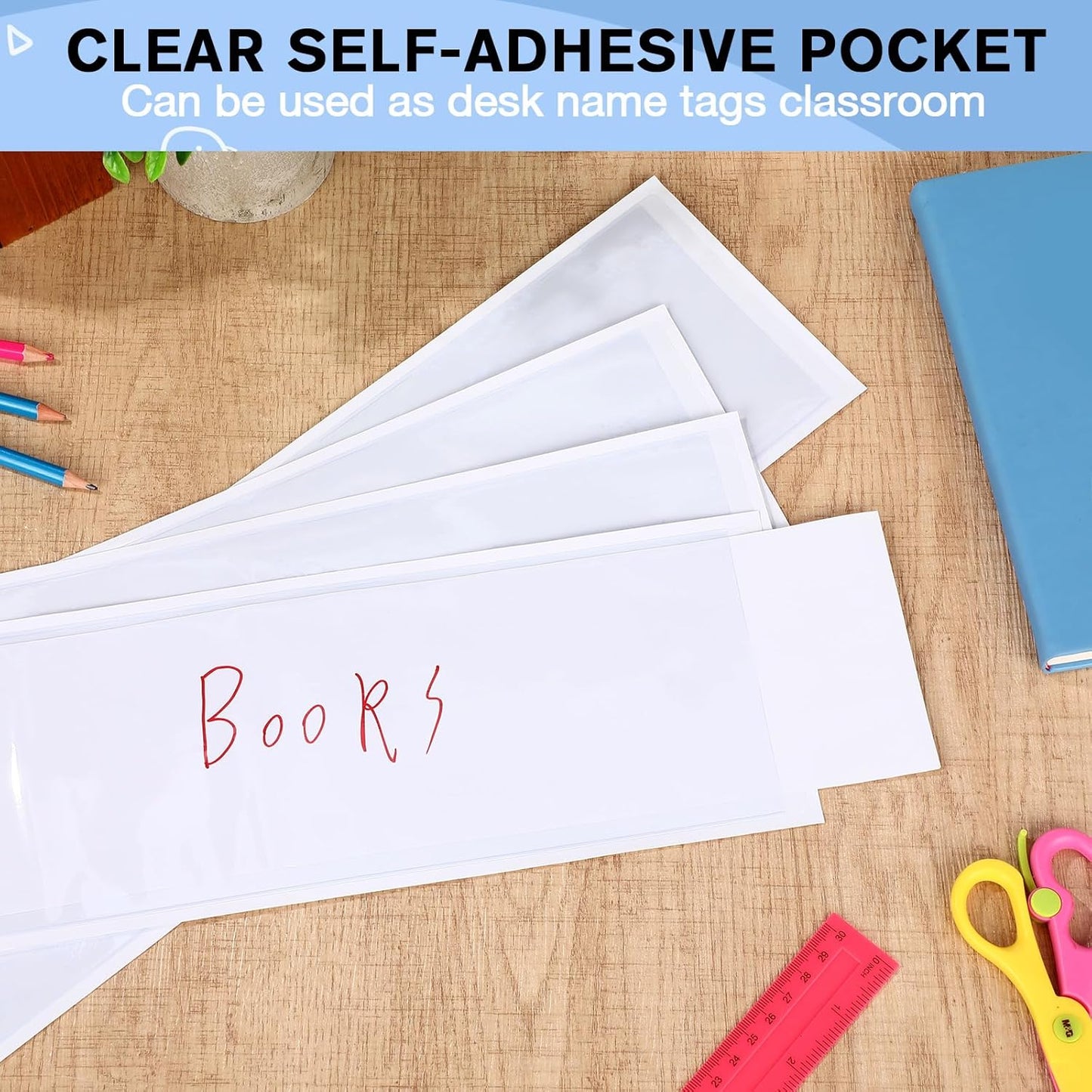 Outus 100 Pcs Clear Self Adhesive Pockets - Bin Labels for Storage Bins, Pocket Label Sleeves, Plastic Index Card Holder with Top Open for Organizing Bins Box Drawer(18 x 4 Inch)