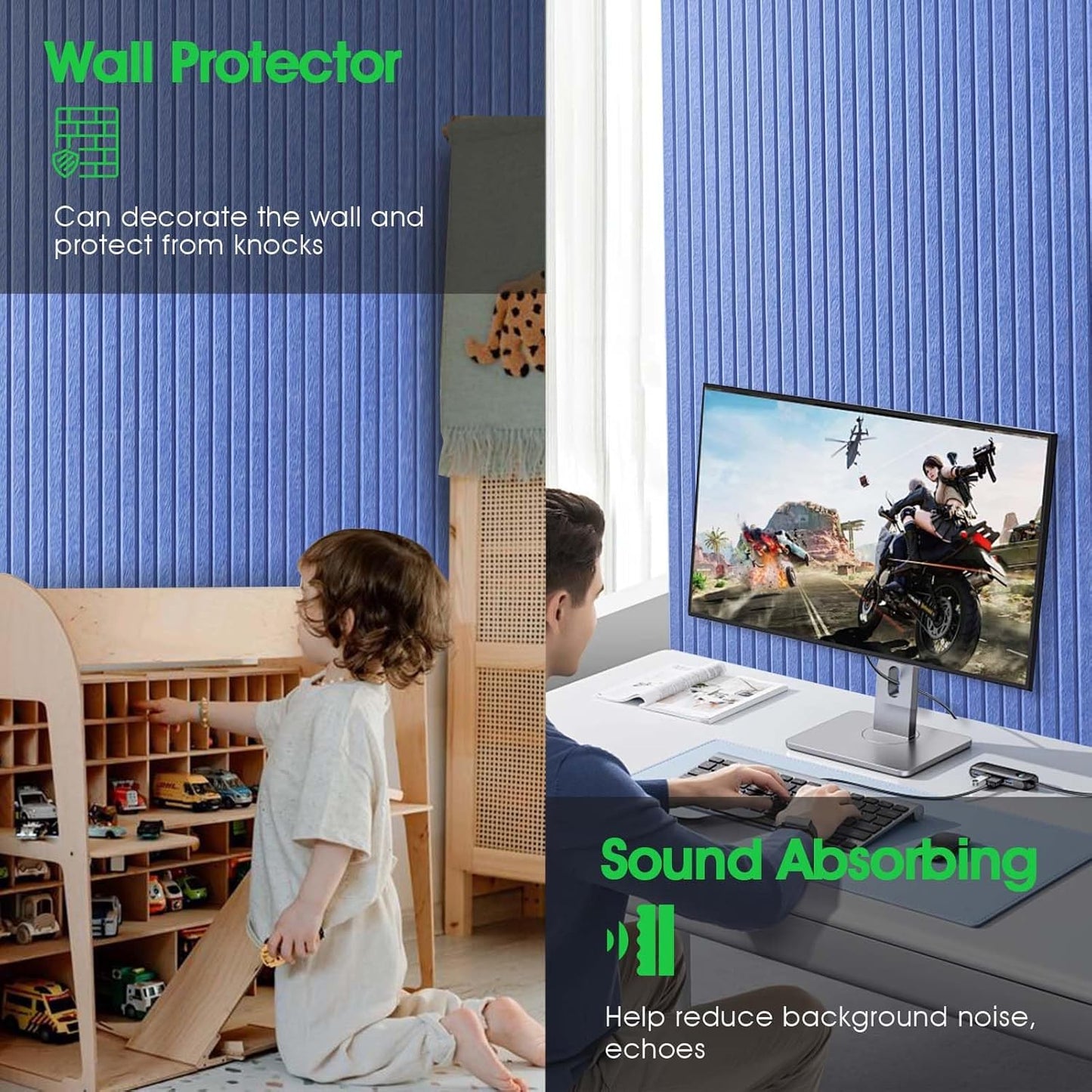 Large Cork Board for Office, 8 Pack Felt Wall Tiles with Slat Wall Paneling and Safe Removable Adhesive Tabs, Felt Bulletin Board Pin Board Cork Boards for Walls (Blue)