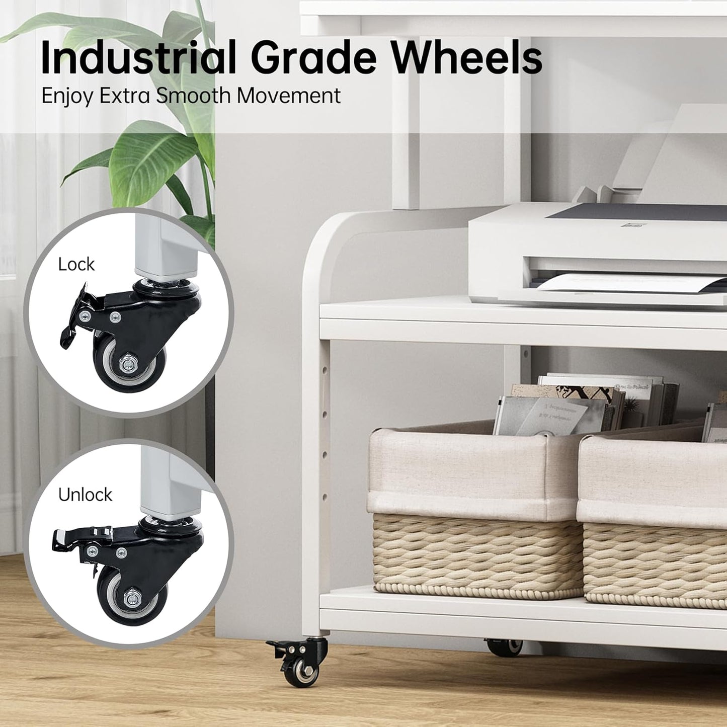 Printer Stand, 32.3" x 18.9" x 32.1" Extra Large Printer Table with Adjustable Storage Shelf, 3 Tier Rolling Printer Cart with Industrial Wheels for Home Office, White