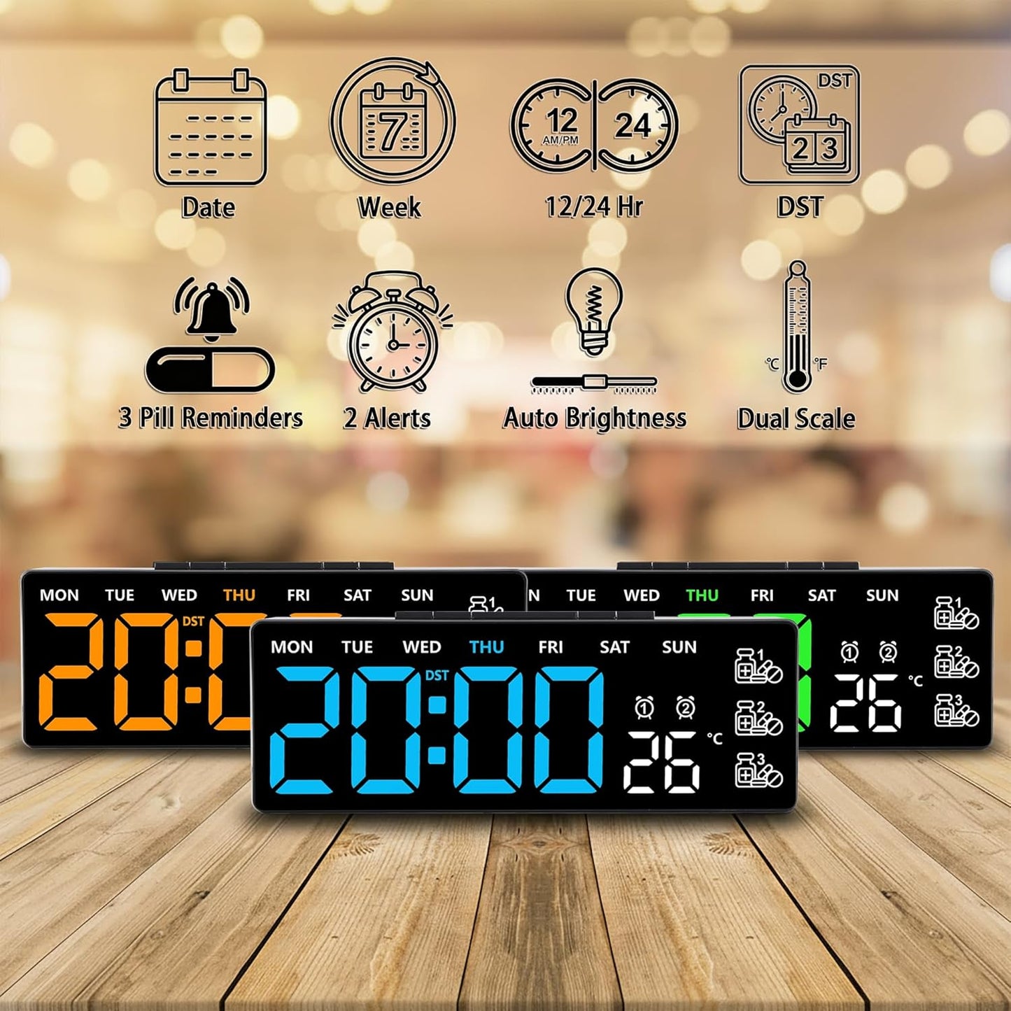 8 Inch LED Digital Desk Clock with Medication Reminders – Large Display with Time, Date, Day, Temperature, Triple Pill Alerts, Dual Alarm, Silent Clock for Home and Office,Green