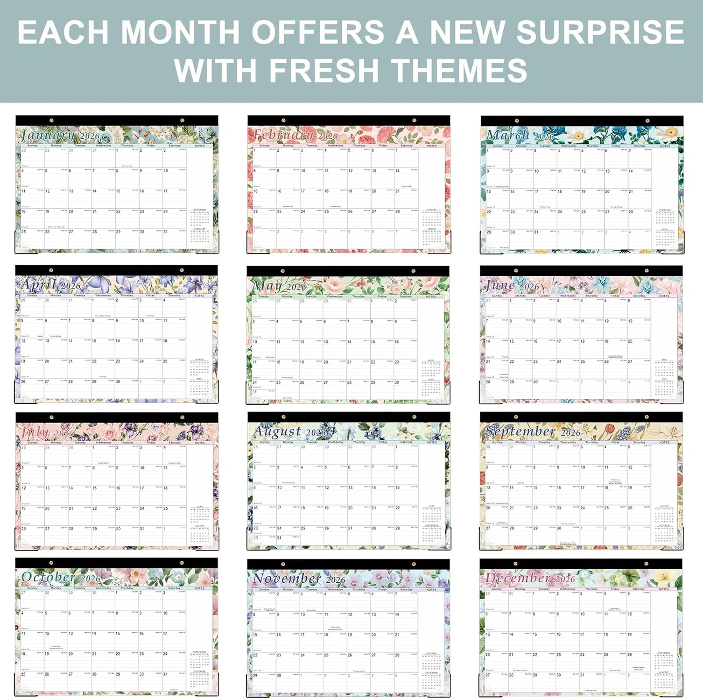 Lbylyhxc Desk Calendar 2026-2027, 18-Month School Year Calendar 2026-2027, January 2026 to June 2027, Large Desktop Calendar Monthly for Teacher with Corner Protectors 17" X 12" (Vintage Flowers Desk Calendar, 17x12 inches)