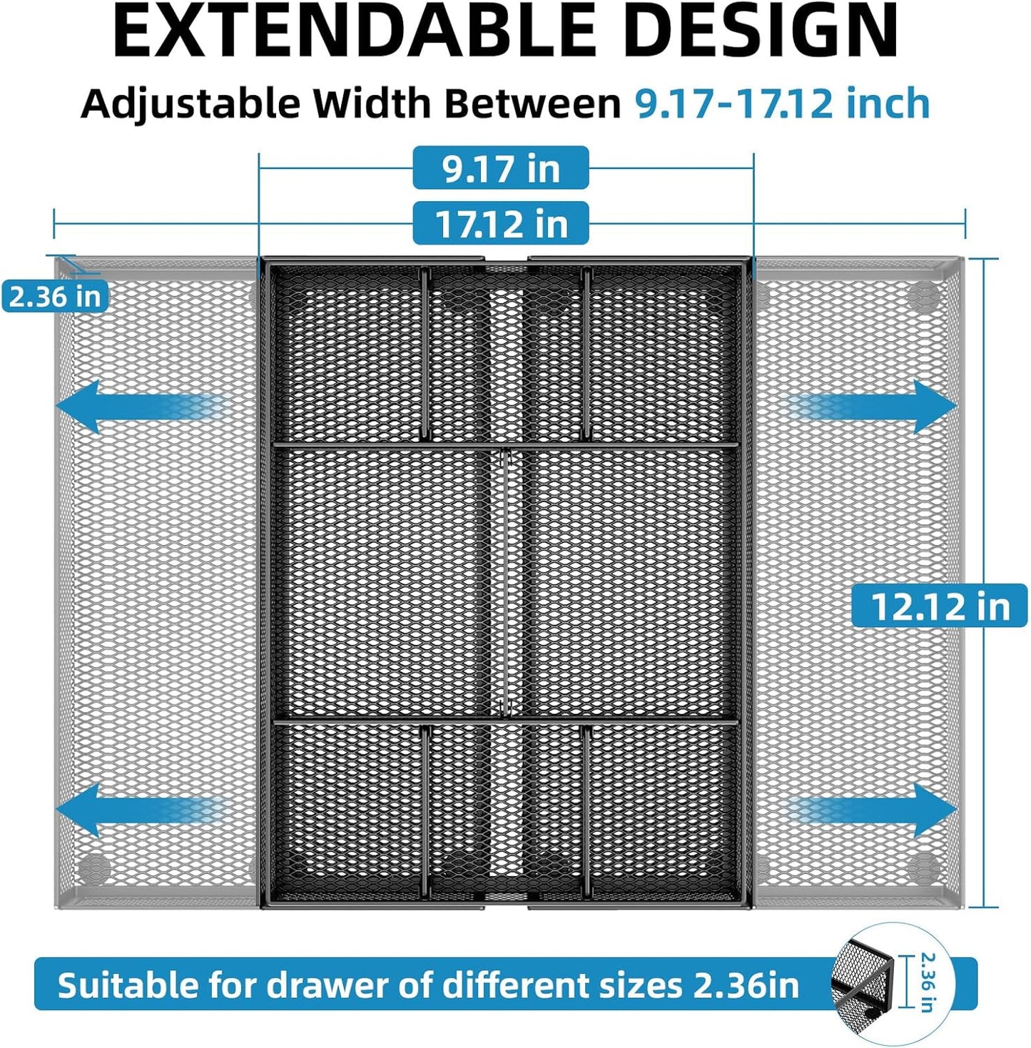 Marbrasse Expandable Desk Drawer Organizer, Mesh Drawer Organizer Tray with 10 Adjustable Compartments, Desk Organizers and Accessories, 5 Dividers Drawer for Office Supplies, Makeup & Vanity (Black)