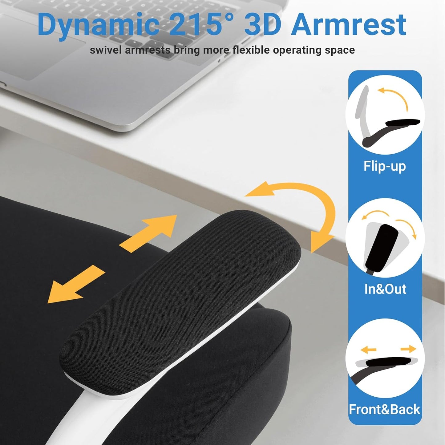 HYLONE Heavy Duty Office Chair, 5" Thickened Seat Ergonomic Desk Chair with Adjustable Armrests, Home Office Computer Chairs for Long Hours Mesh Executive Chair(White Base & Black)