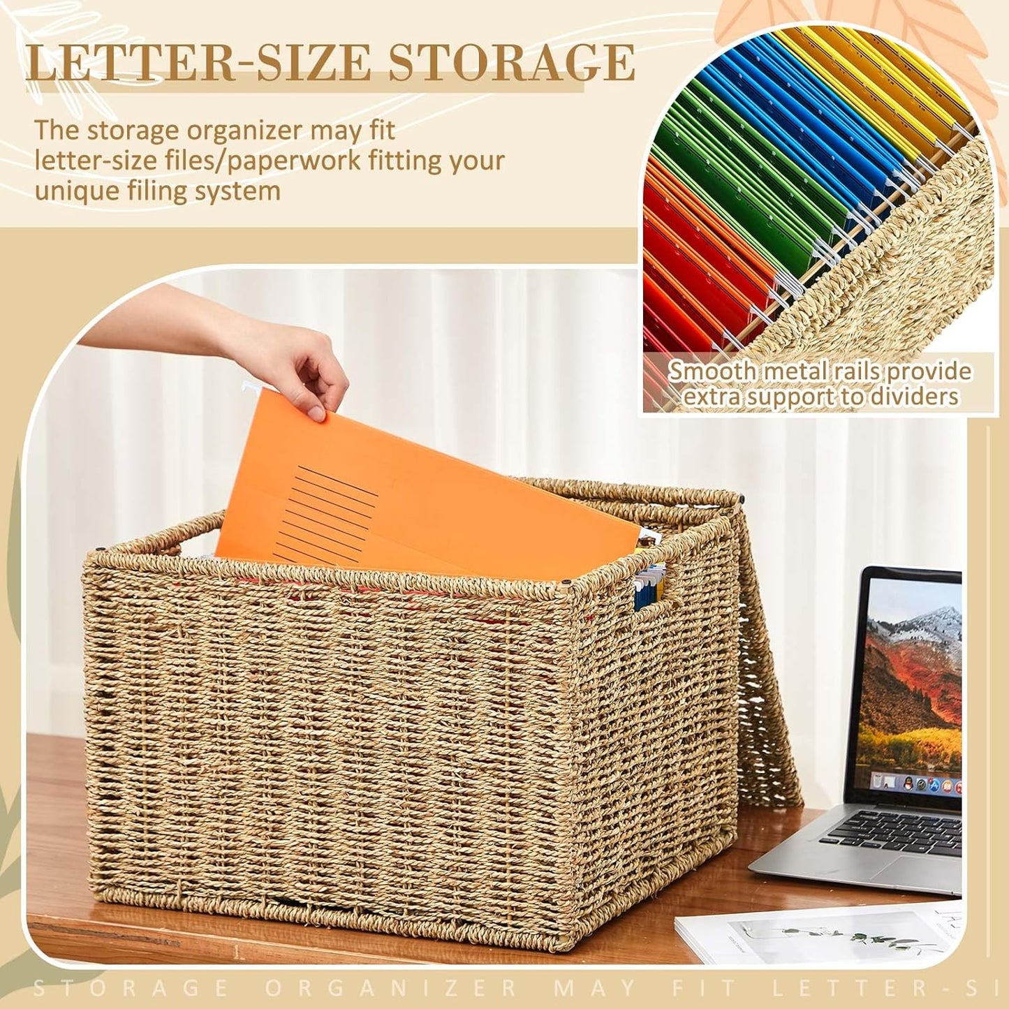 Seagrass File Box Organizers Collapsible Letter/legal Size Filing Cabinet with Lid Portable Decorative Document File Storage Box for Office/decor/home, Natural