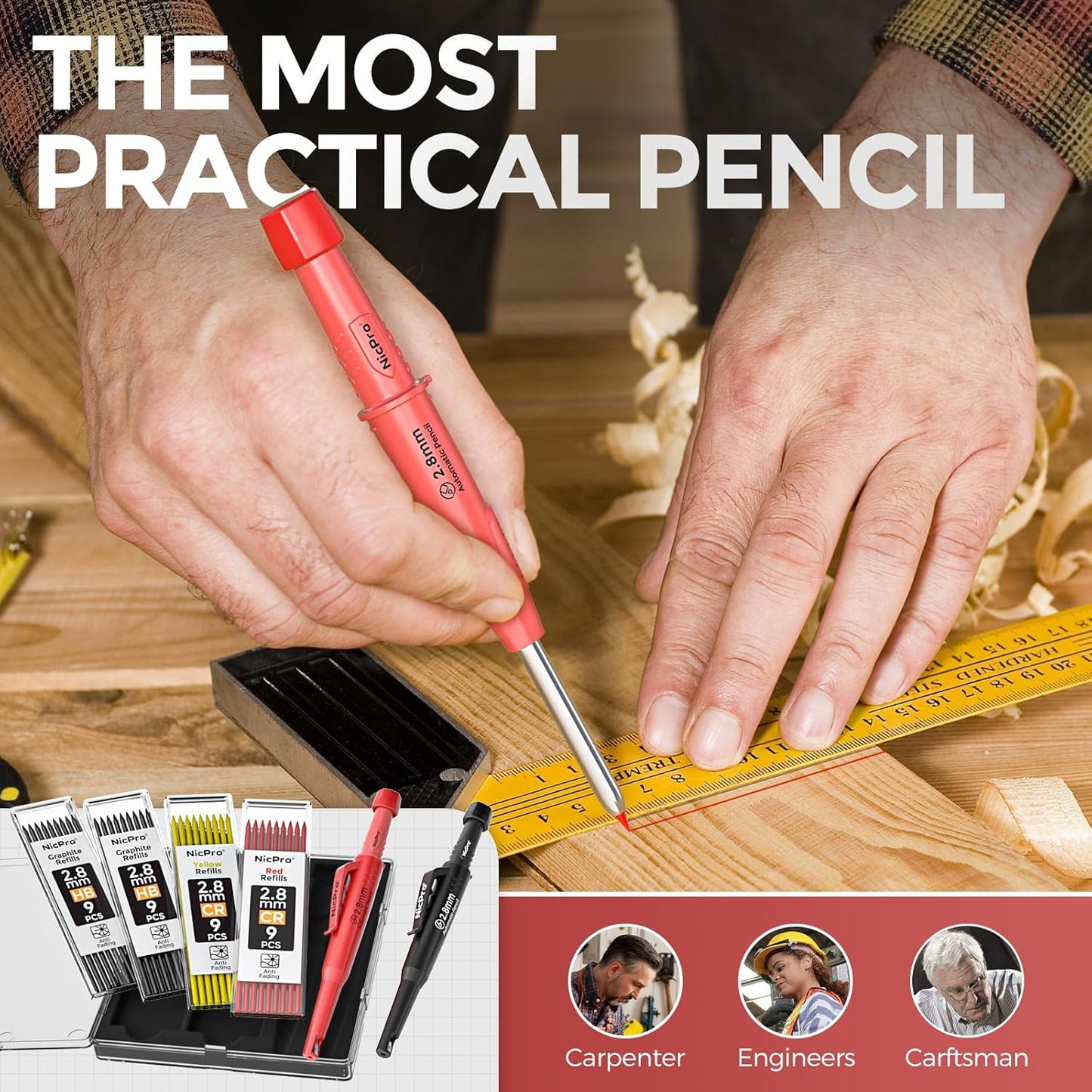 Nicpro CP3000 Carpenter Pencil with Sharpener, 2 Pack Mechanical Pencils Set with 38 Refills, Deep Hole Marker for Construction, Heavy Duty Carpenter Tools for Architect Marking (Black, Red)