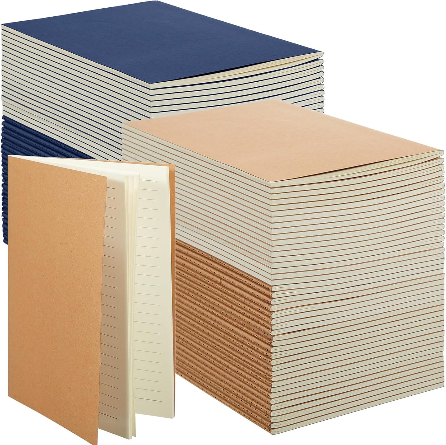 100 Pcs Kraft Notebook Journals 5.5 Inch x 8.3 Inch A5 Softcover Notebooks Bulk for Writing Sketch Office Notepad with 60 Pages 30 Sheets(Brown, Navy,Lined)