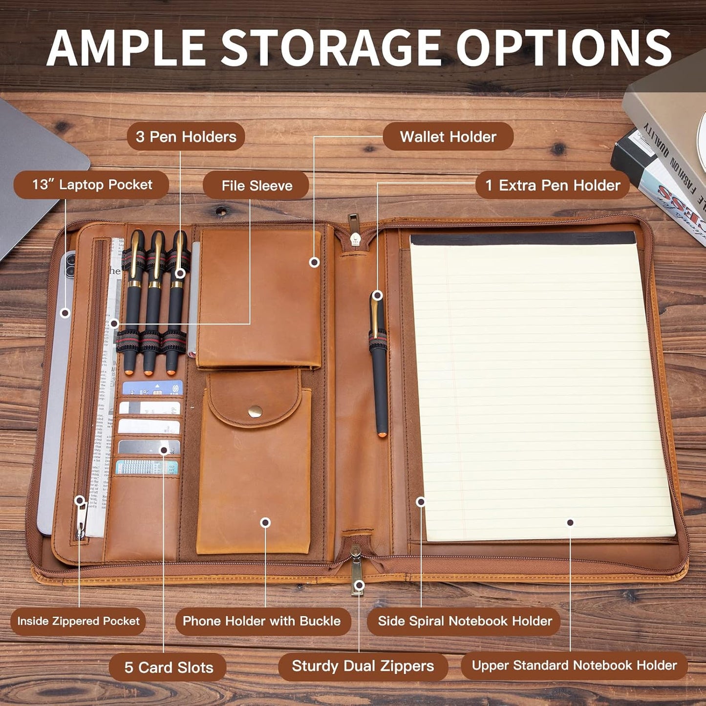 Genuine Leather Portfolio with Front Pocket for Men and Women, Zippered Padfolio Binder 8.5 x 11 Legal Pad Notebook Holder, Fits 13” Laptop, Professional Work File Case, Brown