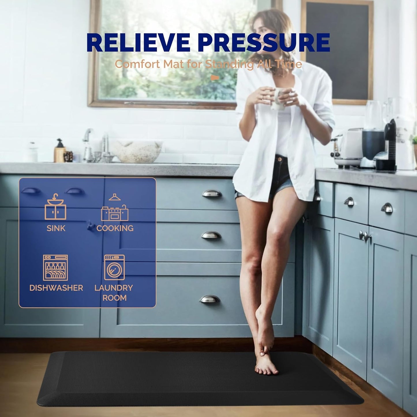 FEATOL Extra Thick Anti Fatigue Mat Floor Mat (20" x 48", Black), Standing Office Desk Mat Memory Foam Cushioned Anti Fatigue Ergonomic Kitchen Mats Comfort Standing Pad NOT PVC 9/10 Inch Thick