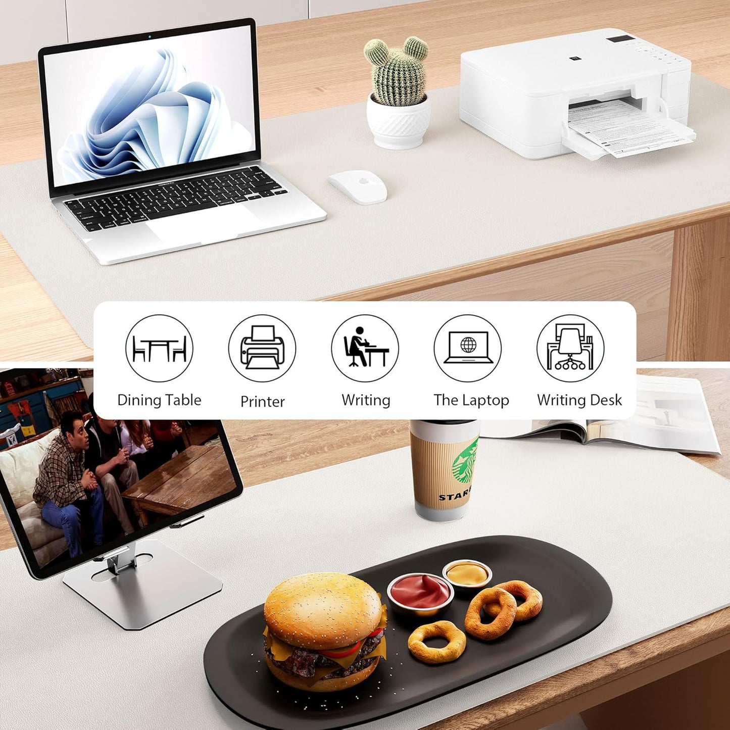 Aothia Dual-Sided Desk Mat - Leather & Cork Desk Protector, Large Mouse Pad & Writing Pad, Waterproof, Off-White (35.4" x 15.7")