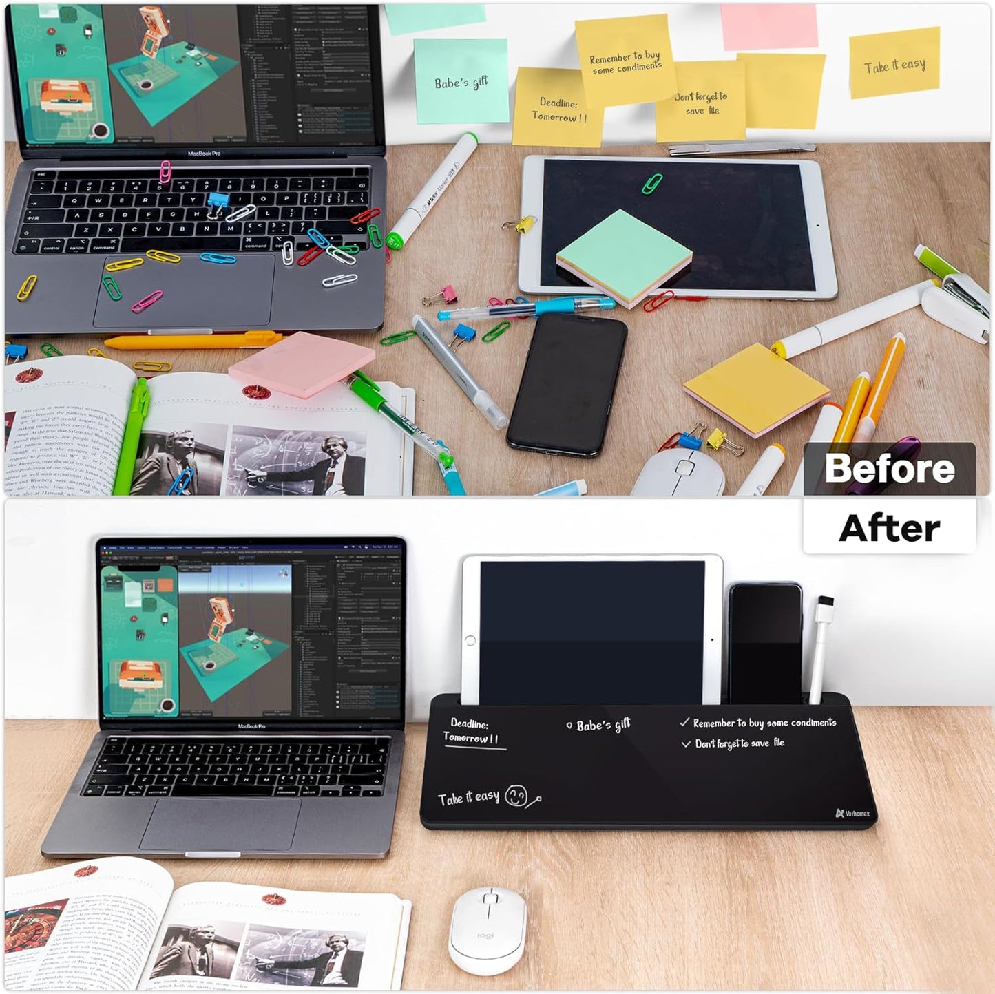 Varhomax Desktop Whiteboard with Storage, Desk Organizer Dry Erase Glass White Board to-do List Memo Notepad for Home Office and School Supplies (Black)