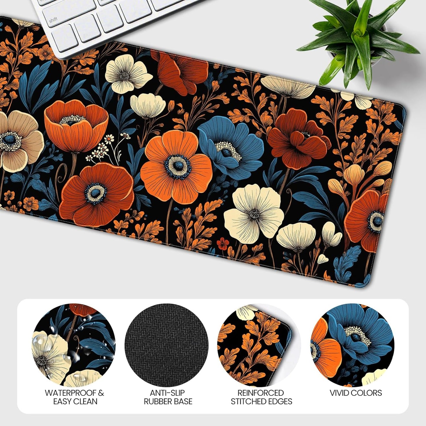 35.4 x 15.7 inches, Large Desktop Mouse pad, Keyboard and Mouse Pads for Work and Home Computers, and Large Laptop Mouse mat，Orange Blue Flowers