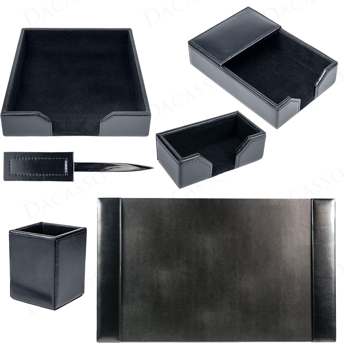 Dacasso 6 Piece Black Bonded Leather Luxury Desk Accessory Set - Desk Pad & Organization Essentials