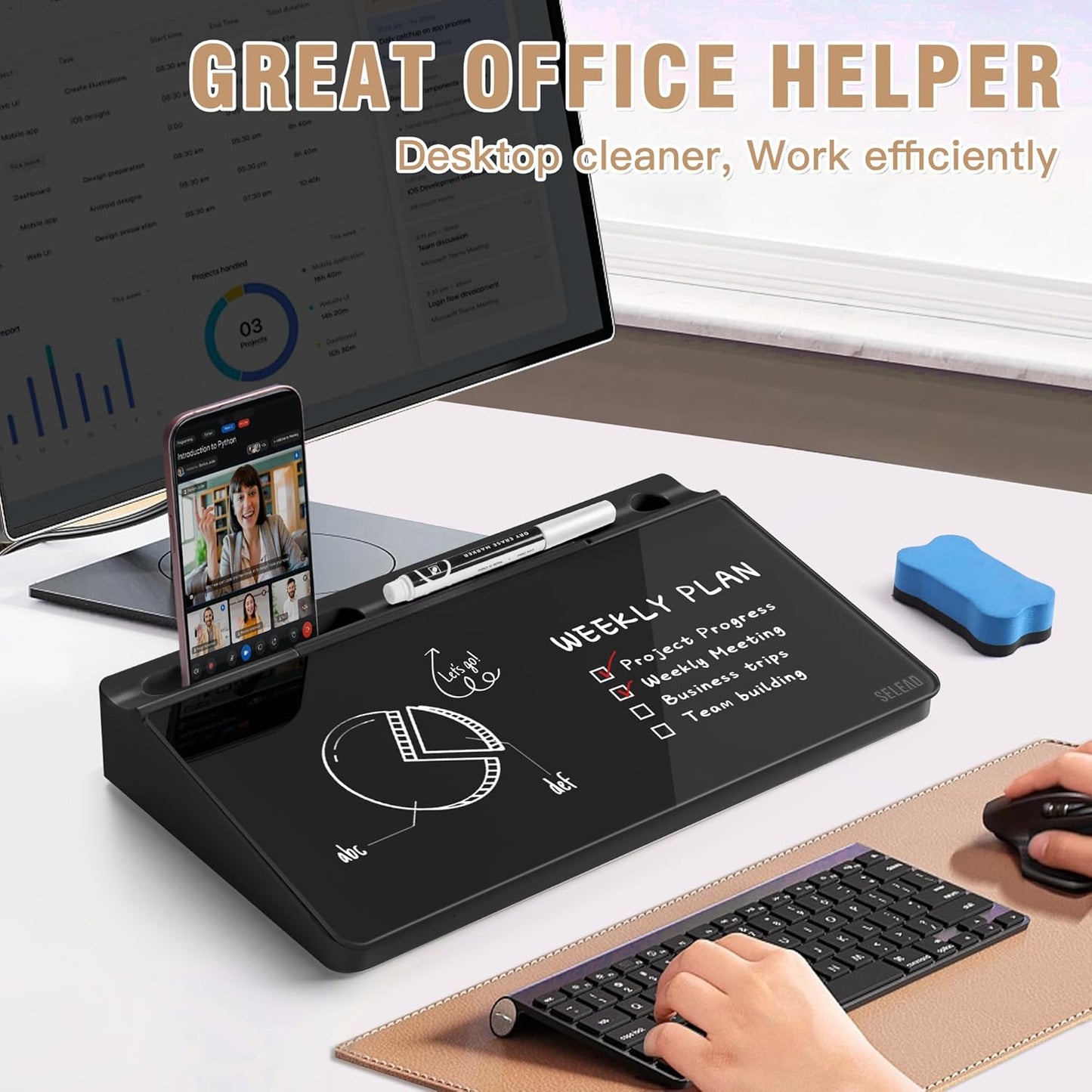 SELEAD Desktop Glass Whiteboard with Storage, Small Dry Erase White Board Computer Pad Keyboard Stand for Home, School, Office Desk Accessories - Black