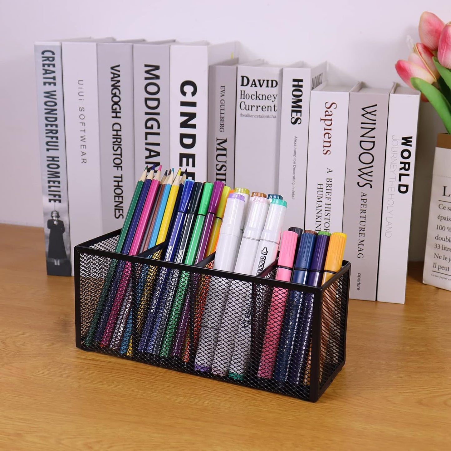 Black Mesh Pen Holder, Metal Desk Organizer Desktop Stationery Office Supplies Acessories Storage Stand, 4 Compartments Pencil Organizer Brushes Holder for Home School Classroom Teachers