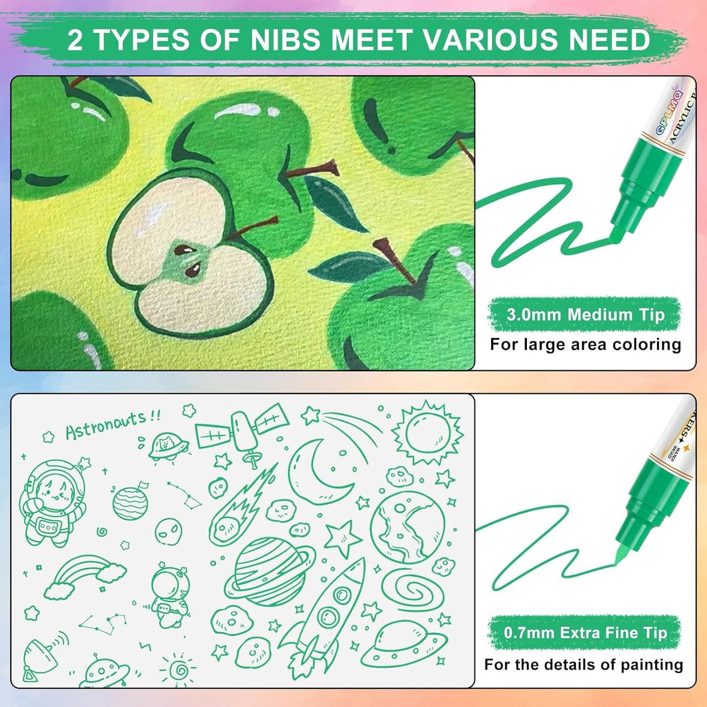 Paint Markers Paint Pens - 2 Pack Dual Tip Acrylic Permanent Marker (0.7mm & 3mm), Non-Toxic, Water-Based for Art Painting, Stone, Ceramic, Glass, Wood, Fabric, Metal, DIY Crafts (Green)