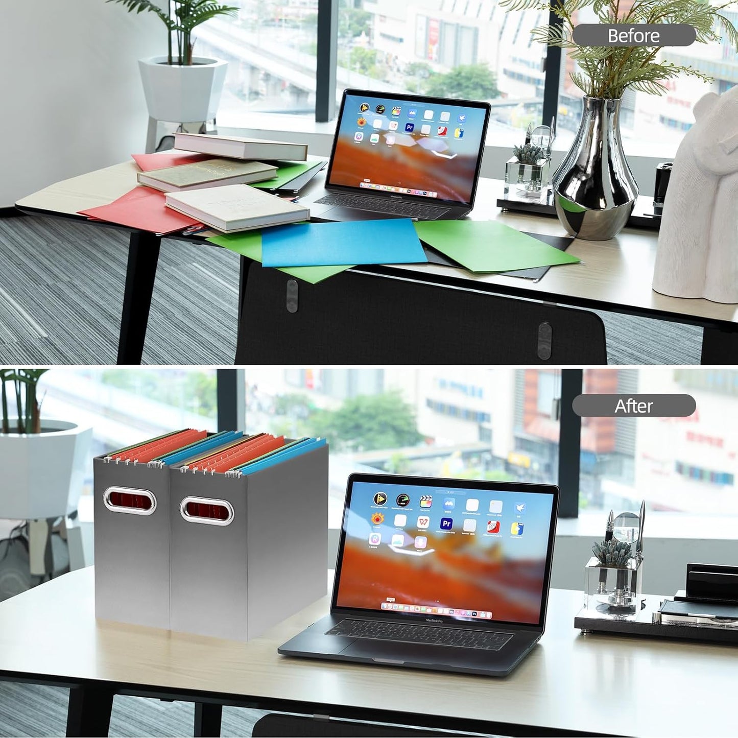 Oterri File Organizer, 2 Packs Small Storage Box, Cardboard File Folder Organizer, Collapsible File Box for Hanging File Folders Letter Size, Filing Organizer with Handle (Gradient Light gray)