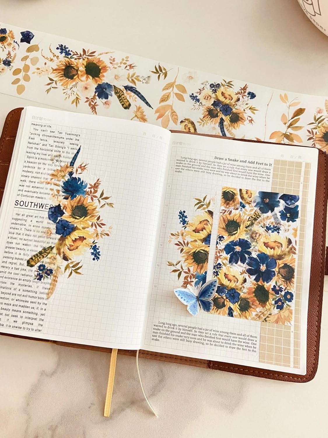 WT PET Tape, Floral Sunflower & Navy Design, Wide Decorative Craft Tape, Single Roll, Clear Transparent Tape for Bujo Planner & DIY Scrapbooking Supplies