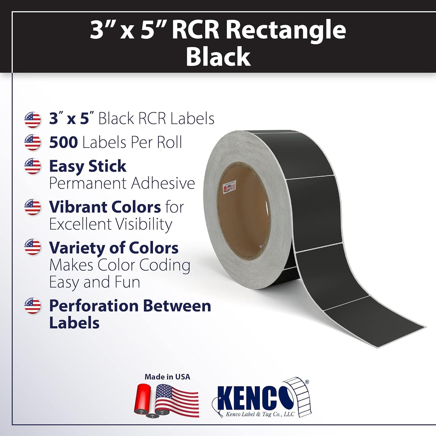 Kenco Color Coding 3 X 5 Rectangle Labels, Inventory Control Stickers 500 Labels Per Roll, Made in The USA (Black)