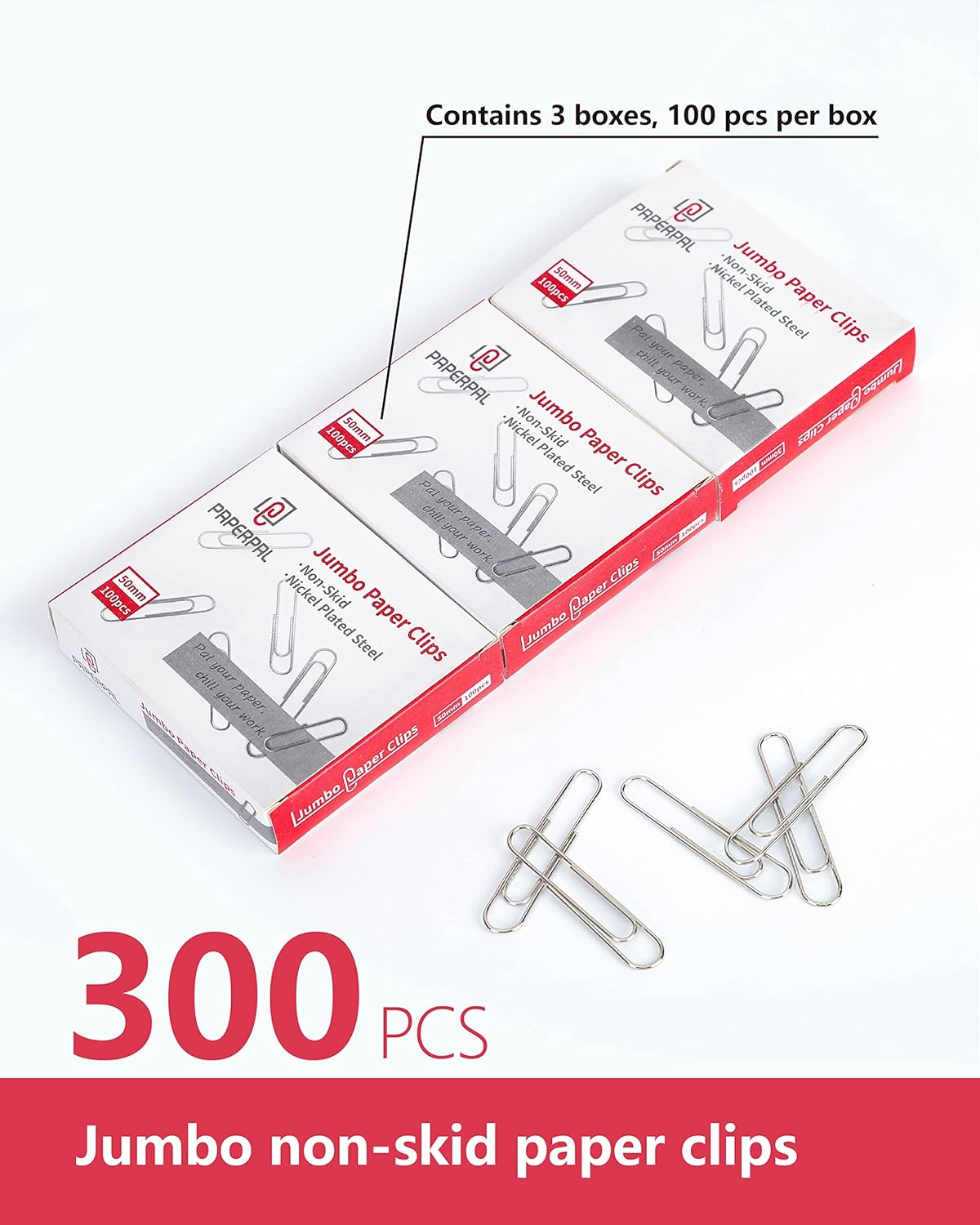 PAPERPAL Paperclips for Office School & Personal Use, Jumbo Nonskid Paper Clip (2"), 300 Large Paper Clips (3 Boxes of 100 Each), Silver