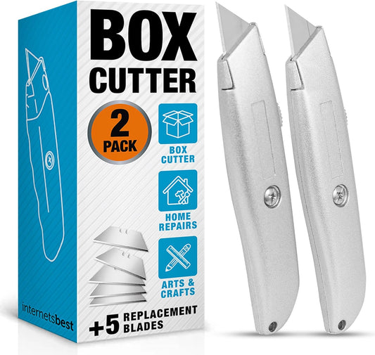 INTERNET'S BEST Premium Utility Knife Set | Retractable Box Cutter with Metal Handle | Heavy-Duty Cutting for Cardboard, Carpet, Plastic | Retractable Blade | Includes 2 Razor Knives & Extra Blades