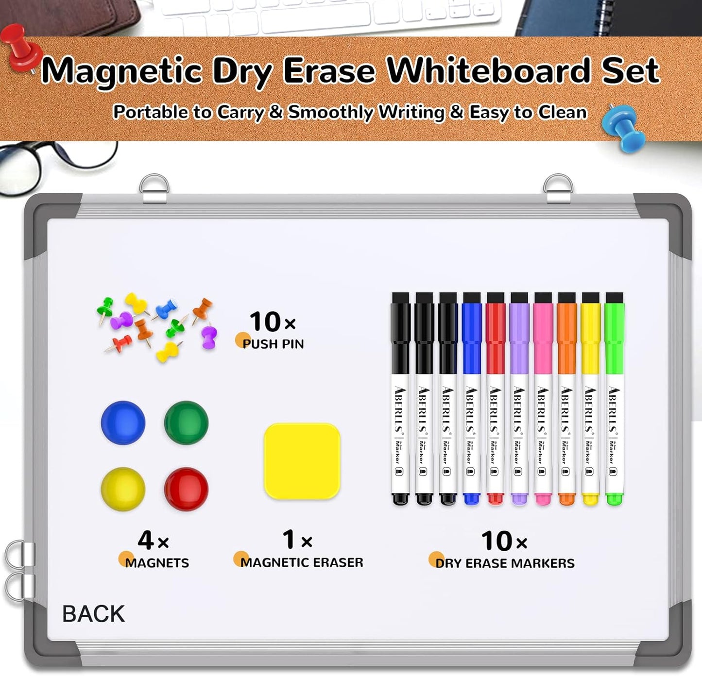 Monthly Calendar Whiteboard Dry Erase Cork Board Combination for Wall, 17"x13" Magnetic Dry Erase Board, Double-Sided White Board, Portable Board for Office, Kitchen, Planning, Memo, School, Home