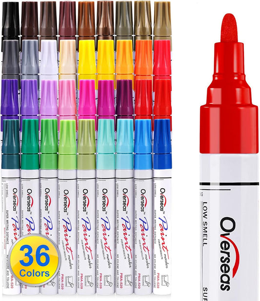 Overseas 36 Colors Paint Marker Pens - Permanent Oil Based Paint Markers, Medium Tip, Quick Drying, Waterproof Assorted Colors Marker Pen for Metal, Wood, Plastic, Rock, Stone, Rubber, Canvas, Glass
