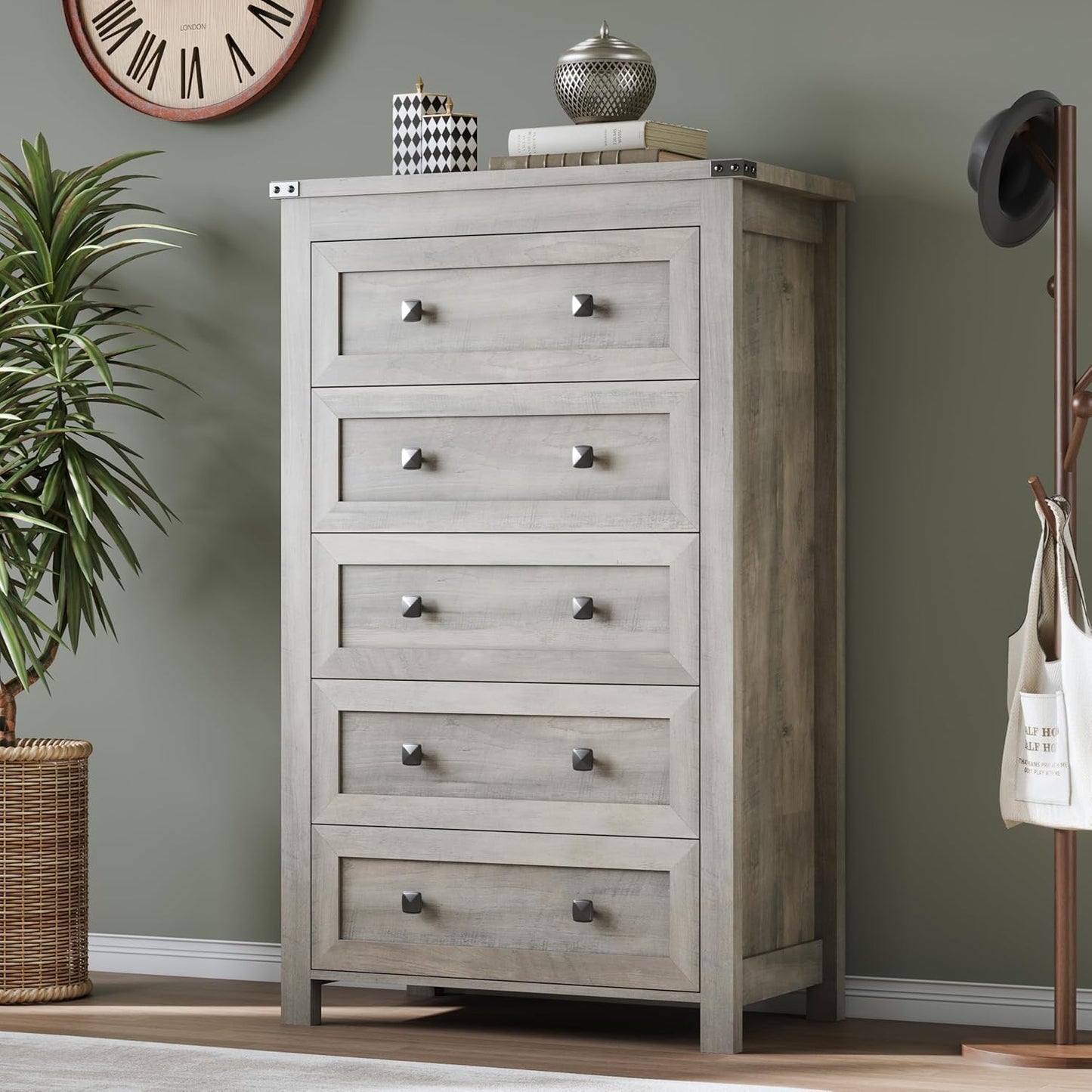 Tall 5-Drawer Dresser, Modern Wooden Storage Chest of Drawers, Dresser TV Stand, Wood Drawer Organizer with Metal Handles for Bedroom, Living Room, Hallway