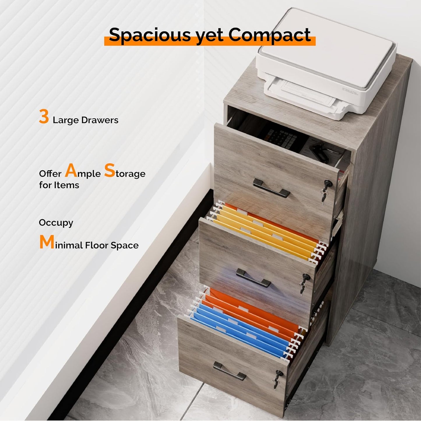 VINGLI 3 Drawer File Cabinet with Lock, Home Office Filing Organizer, for Letter Size File Folder Storage, Wood Tall Vertical Filing Cabinet, Printer Stand, Archivador (Rustic Gray)