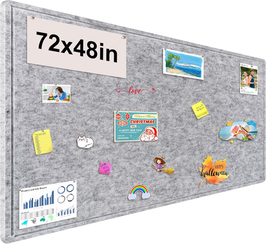 Large Bulletin Board, 72x48 Inches Cork Board Alternative, Large Felt Board Decorative Pin Board for Wall, Foldable Photo Board Self-Adhesive Vision Board with 36 Pushpins Light Gray