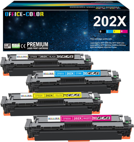OFFICE-COLOR 202X Toner Cartridges Set Replacement for HP 202X Works with HP Color Laserjet Pro MFP M281fdw Toner, M281cdw M254dw M281fdn M254dn M254nw M281 M254 Printer (Black,Cyan,Magenta,Yellow )