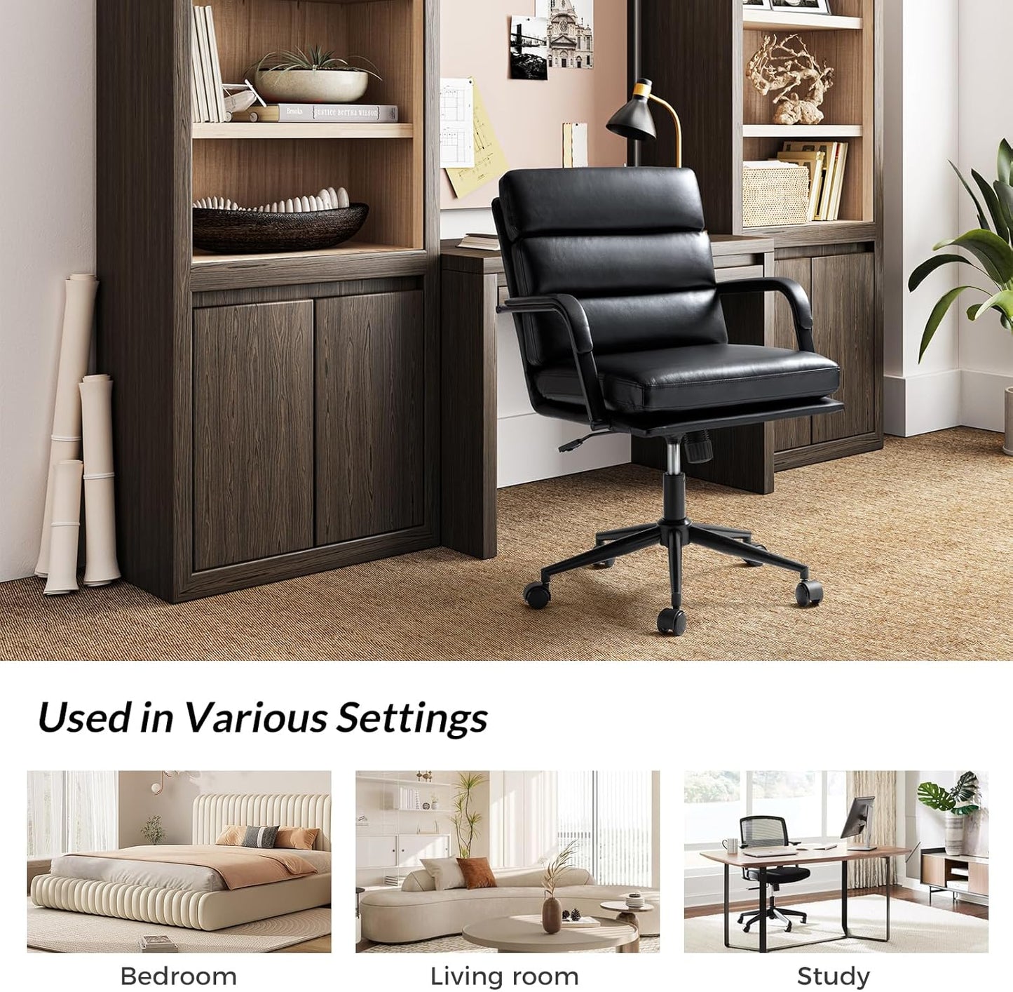 HULALA HOME Modern Faux Leather Home Office Chair with Tilt Lock & Metal Base, Desk Chair with Wheels & Padded Cushion, 360° Swivel Wide Seat Computer Task Chair, Black