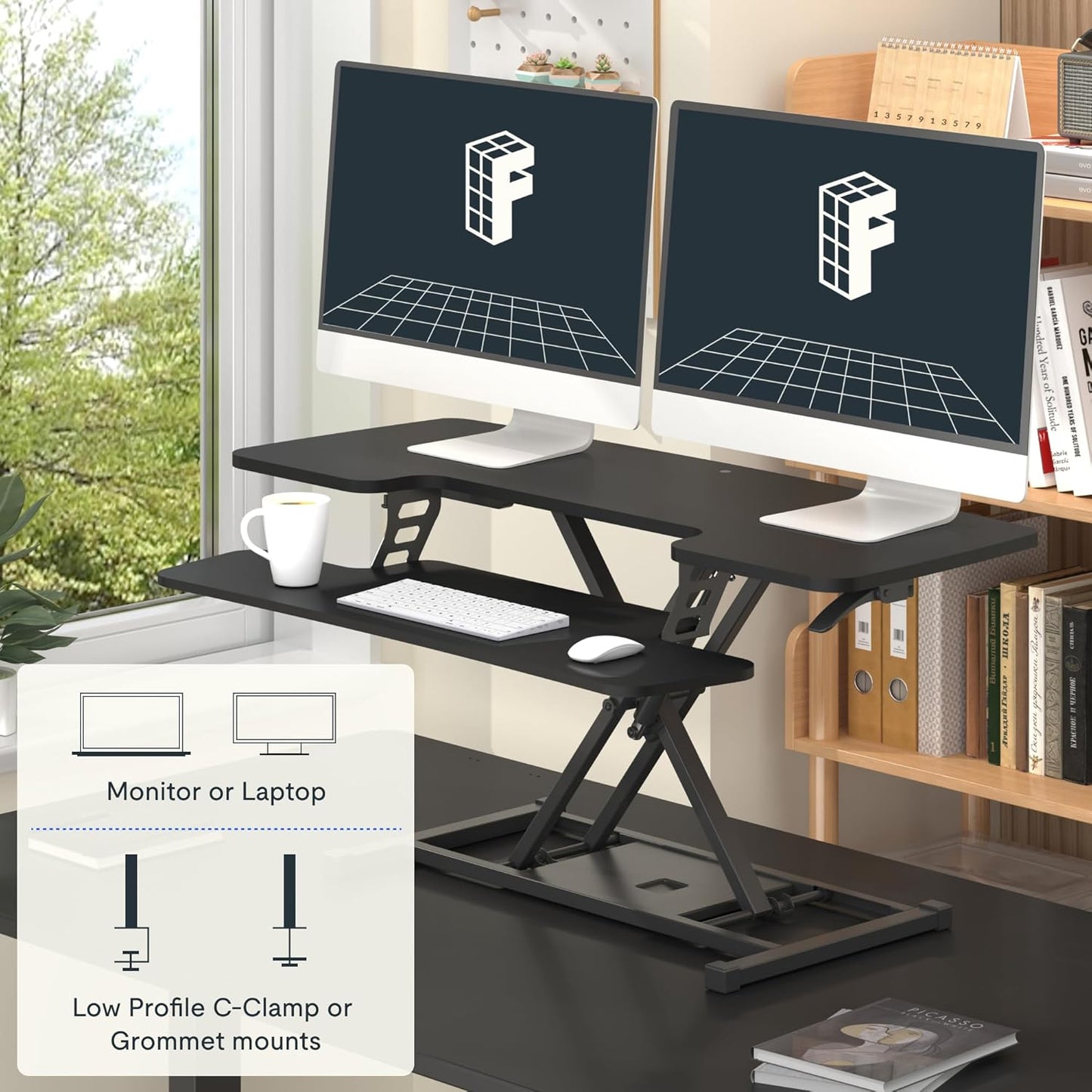 FLEXISPOT 40" Wide Standing Desk Converter Sit to Stand up Riser Height Adjustable Computer Workstation with Spacious 2-Tier Desktop, Black