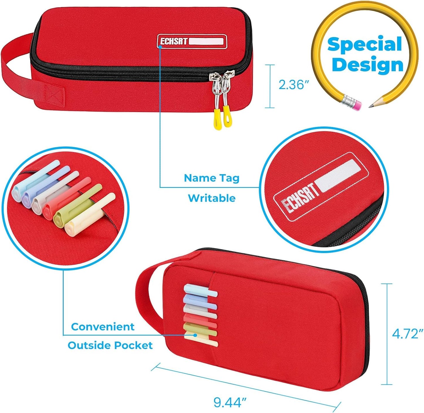 ECHSRT Big Pencil Case, Aesthetic Portable Zipper Pencil Bag with Hidden Pocket, Special Pouch for Men Women Adults, Stationery Organizer Pen Cases for Office Travel, Red