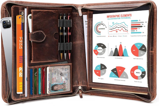 Leather Portfolio Binder, Professional Organizer Padfolio – Resume Folder, Business Card & Document Holder, Portfolios for Men & Women, Office & Business Supplies by Luxeoria | (Large - Brown)