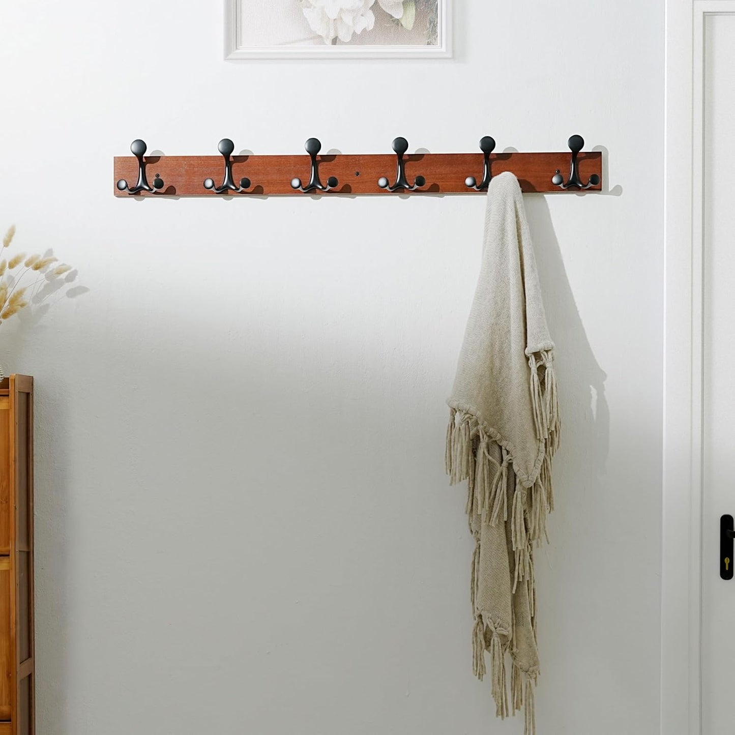 SKOLOO 39-Inch Cherry Wood Coat Rack Wall Mount with 6 Triple Hooks - Ideal for Family Entrances, Classrooms, and Pet Supplies Storage - Perfect Coat Hooks for Wall