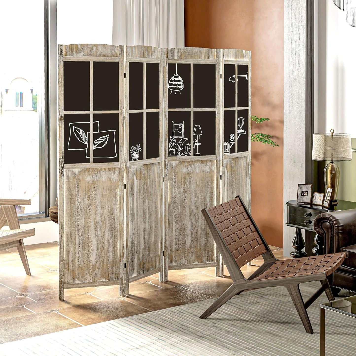 NicBex Room Divider 4 Panel Room Dividers with Black Boards Partition Room Dividers and Folding Privacy Screens 5.6 FT Wall Divider for Home, Office, Room Separation,70.75"W x 0.75"D x 69.75"H,Natural