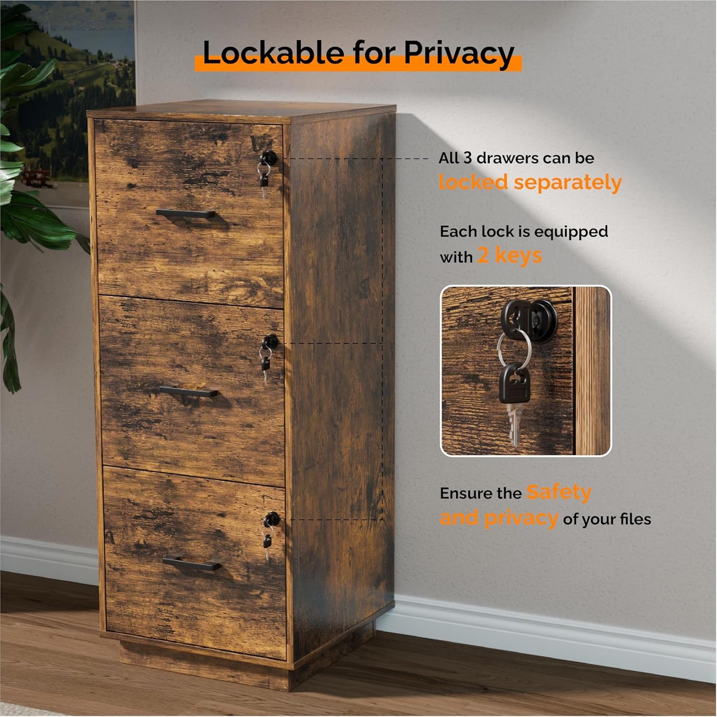 VINGLI 3 Drawer File Cabinet with Lock, Home Office Filing Organizer, for Letter Size File Folder Storage, Wood Tall Vertical Filing Cabinet, Printer Stand, Archivador (Rustic Brown)
