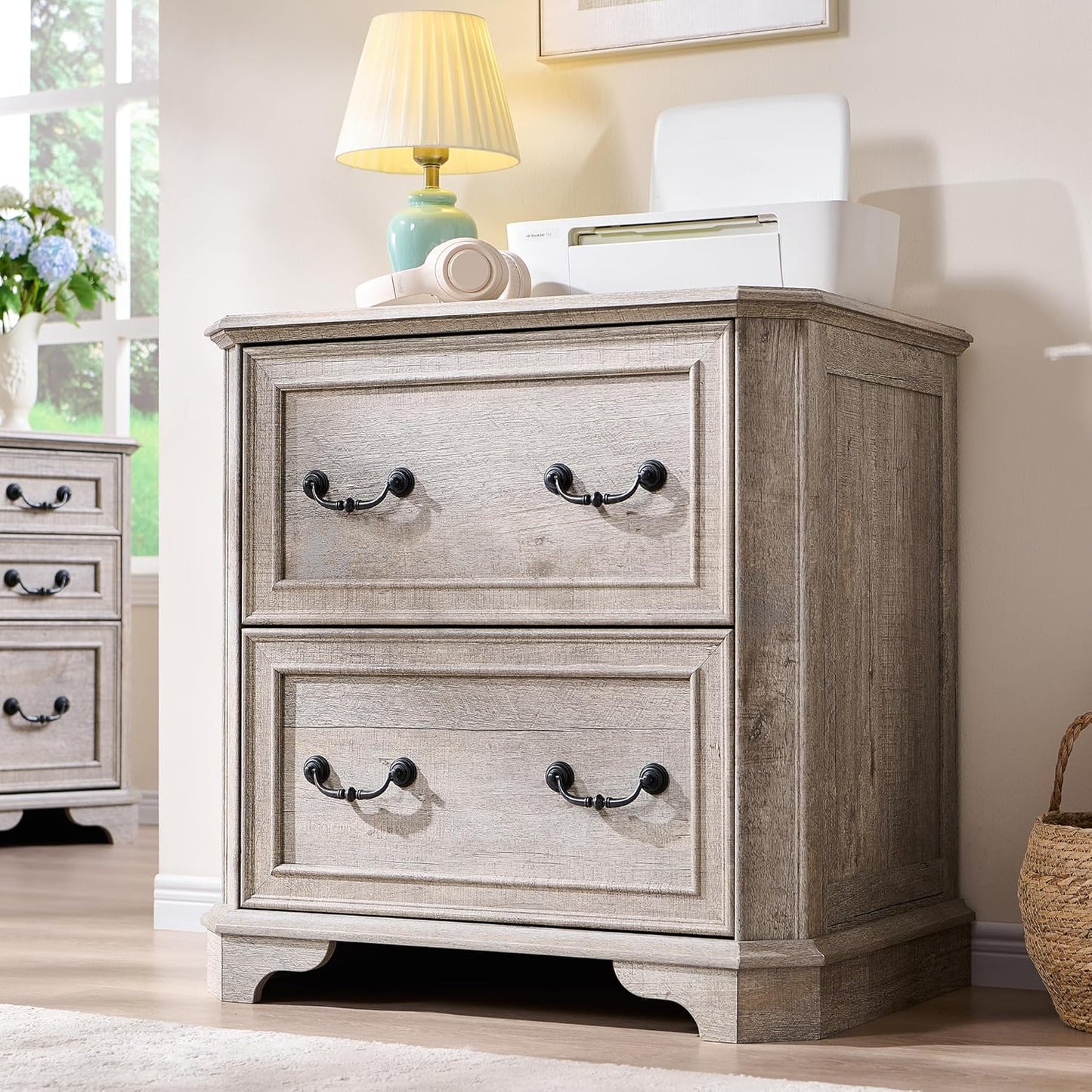 T4TREAM 2 Drawer File Cabinet Set of 2, 30" Wide Wooden Extended Desktop, Farmhouse Filing Cabinet with Smooth Rails, Holds Letter/Legal/A4, Hexagonal Design & Framed Drawer Fronts, Light Rustic Oak