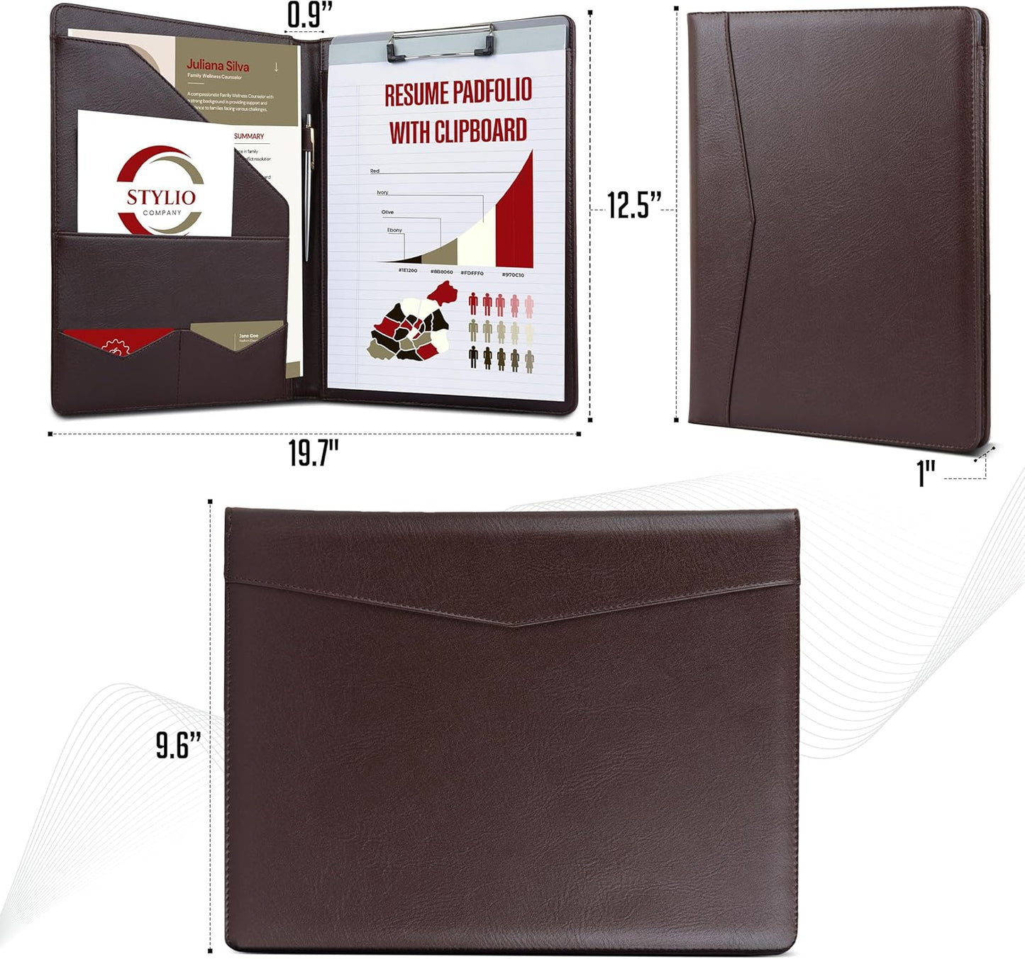 STYLIO Padfolio Folder with Removable Clipboard | Walnut (Brown) Color| Portfolio Organizer | Binder with Storage for Notebook, Notepad | Nursing Clipboard Folio | Vegan Leather