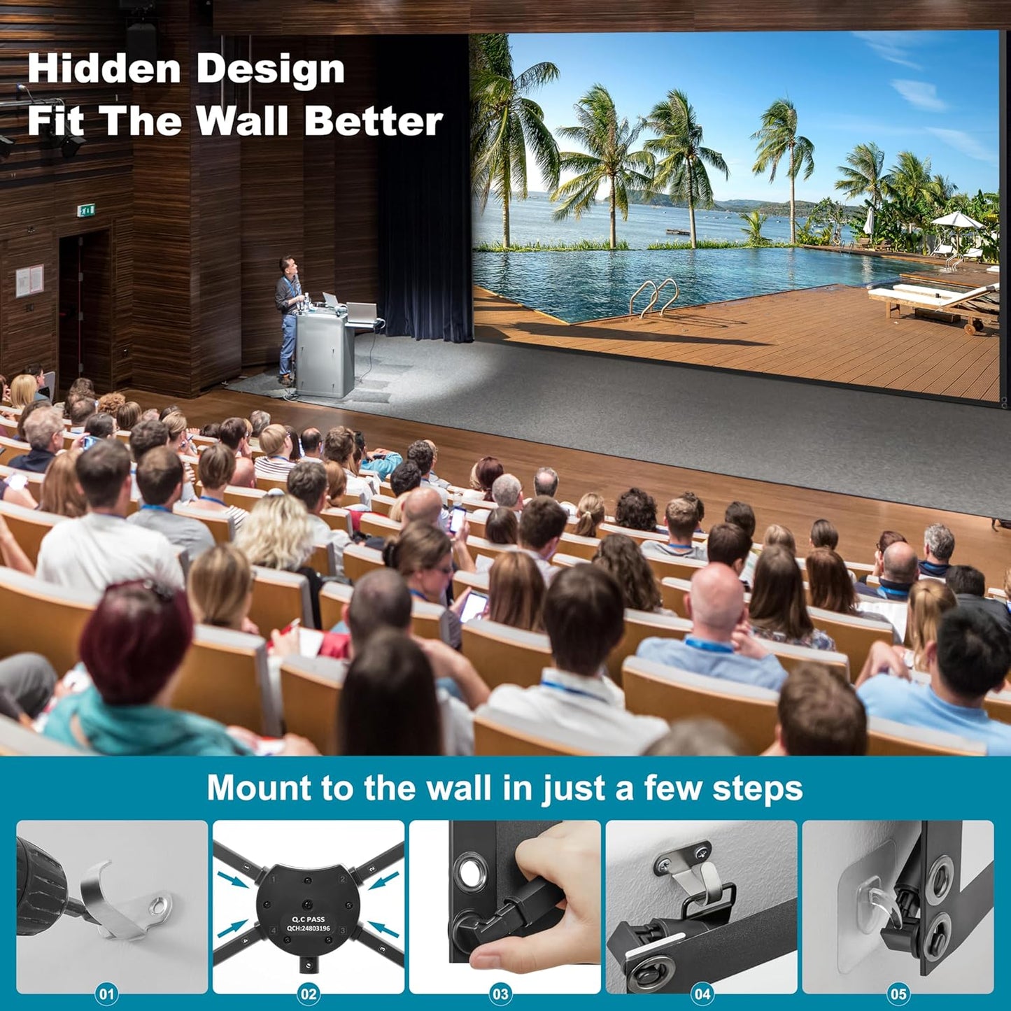 Outdoor Projector Screen with Stand 180 inch 16:9, Portable Projector Screen, 1.5 High Gain Fiberglass, Sturdy Backing, Wind-Resistant Movie Screen, Tripod/Wall Mounted, for Home Cinema/Backyard Party