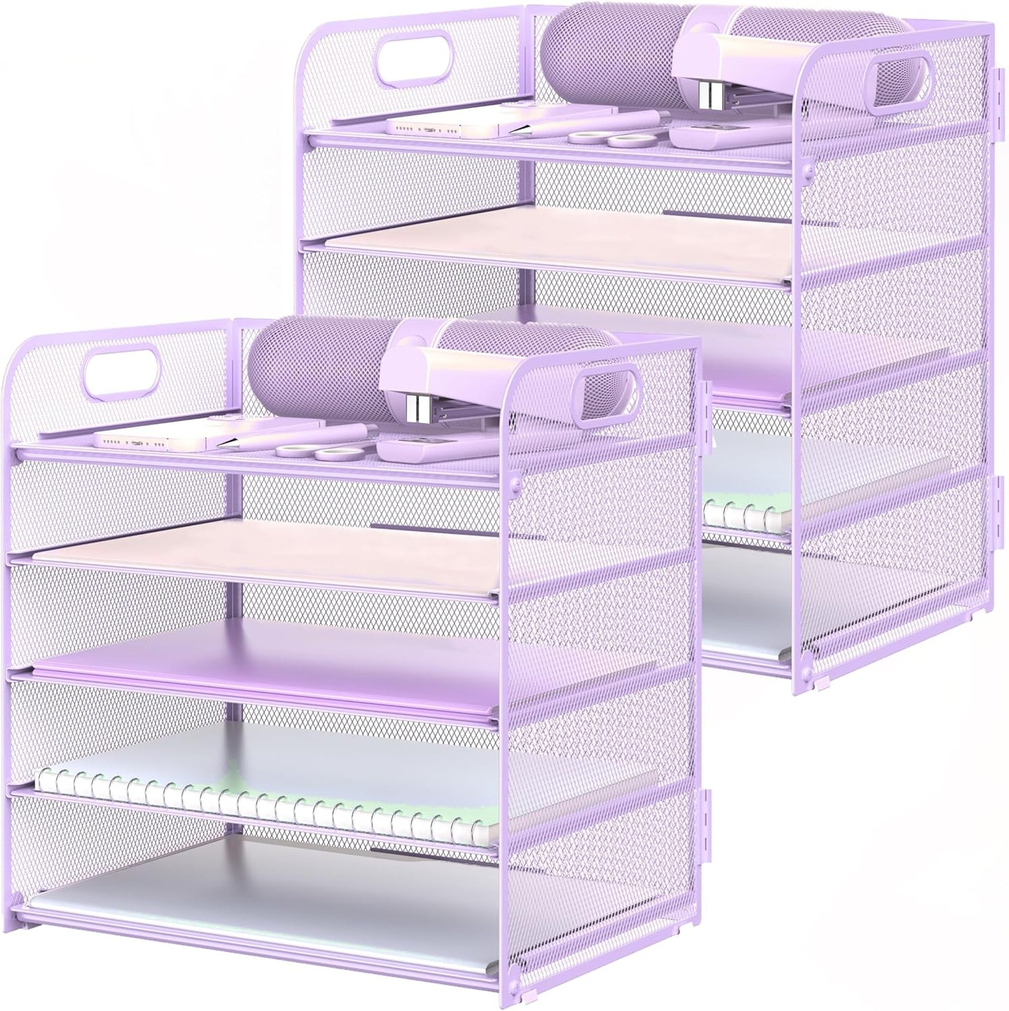 2 Pack Letter Tray Paper Organizer 5-Tier Desk Organizer File Organizer Paper Holder with Handle, Metal Desktop Document Shelf Tray Office Classroom Organization - Purple