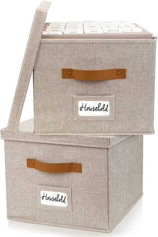 ZICOTO Decorative File Organizer Box Set of 2 - Collapsible Linen Filing Cabinets w/Handles Are Perfect to Store all Your Documents & Hanging File Folders - Portable Easy Slide Crates with Lid