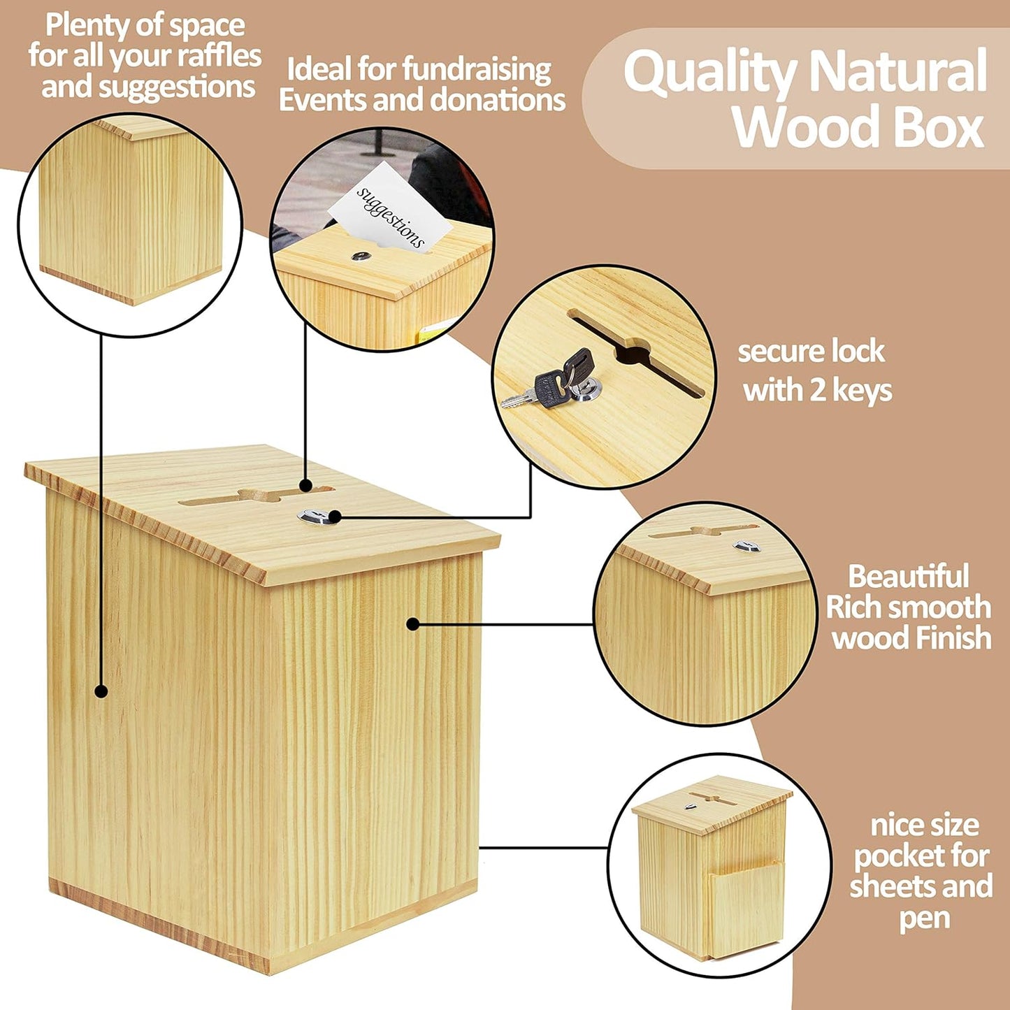 Wood Charity Donation collection Box Office suggestion Ballot Box With wide slot for envelopes and suggestion comment forms, Pocket and Locking Hinged Lid & Pen for Table Or Countertop(Rustic-White)