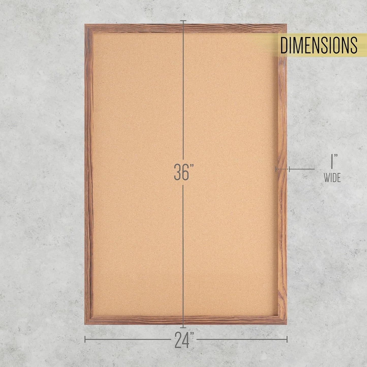 HBCY Creations Wall Mount Torched Wood Cork Board - 24" W x 36" H - 6 Wooden Push Pins - Solid Pine Wood Frame - for Kitchen, Classrooms, Restaurant Menus and More!