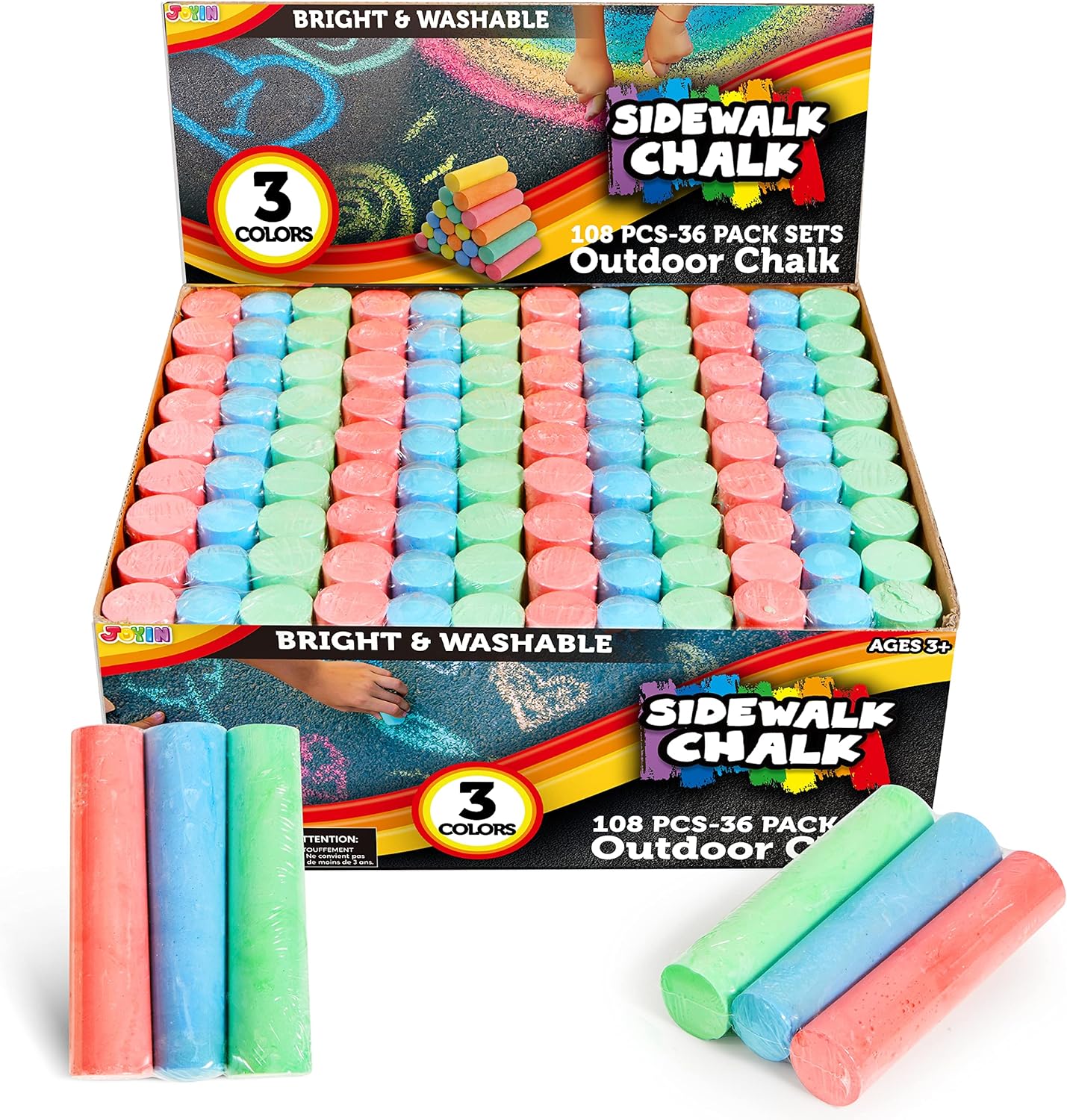 JOYIN 108 PCS Sidewalk Chalk Set in 36 Count, 3 Assorted Colors, Non-Toxic Jumbo Washable Driveway Chalk for Outdoor Art Play, Great Gift Toys for Kids, Classroom