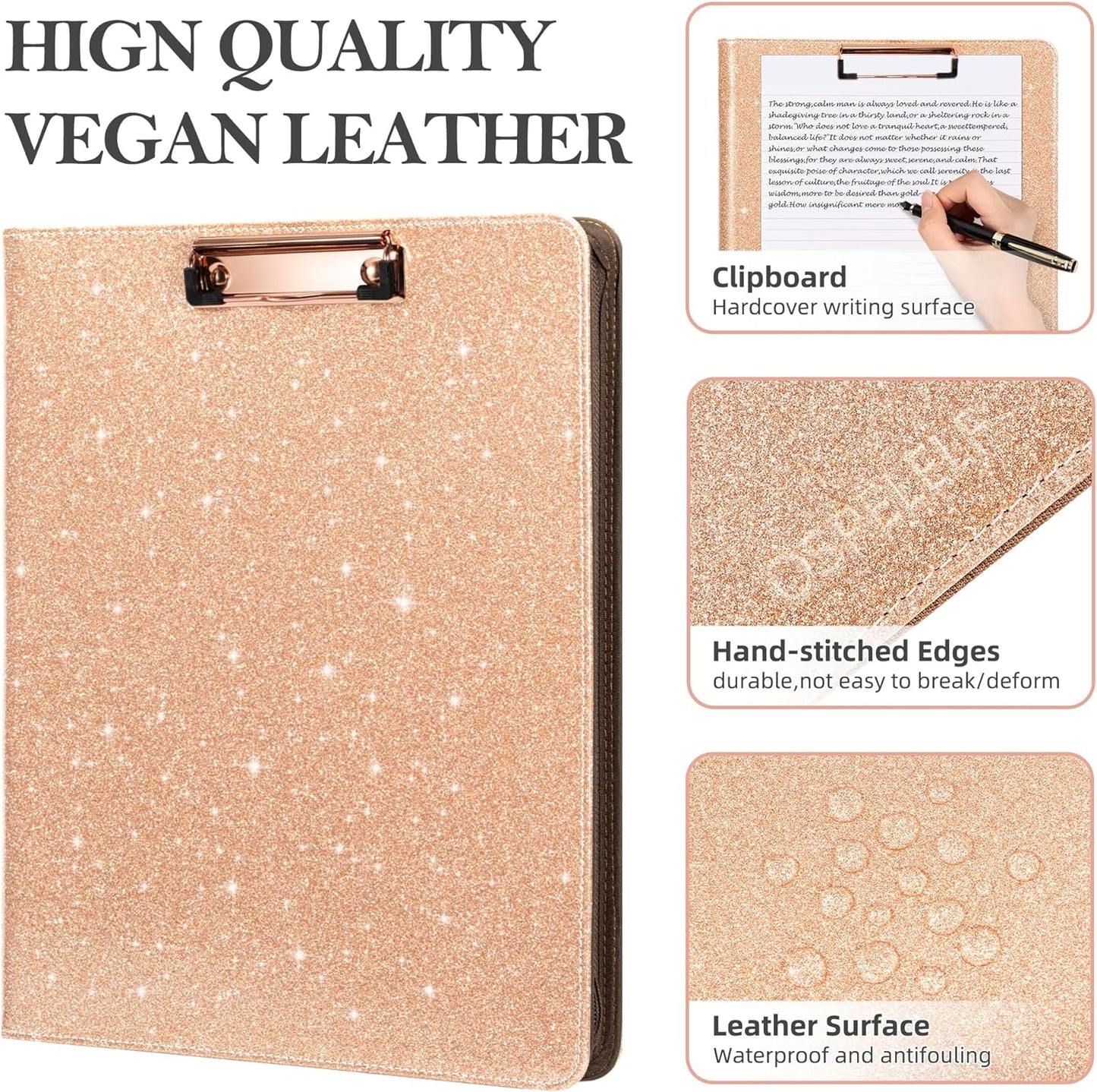 Ospelelf Clipboard with Storage, 3 Ring Binder with Zipper, Leather Padfolio Portfolio Folder, Calculator, 12.1” Tablet Sleeve, 5 Dividers with Pocket|Refillable Notepad, Card Slot (Rose Gold)