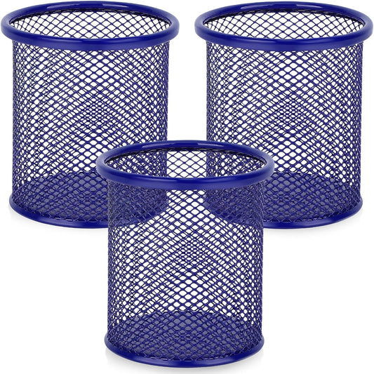 Segarty Pen Cup, 3 Pack Round Cute Dark Blue Pen Holder for Desk, Wire Mesh Pencil Holder Container Set, Desktop Organizer for Office Supplies, Maker, School, Home Storage, Makeup Brush