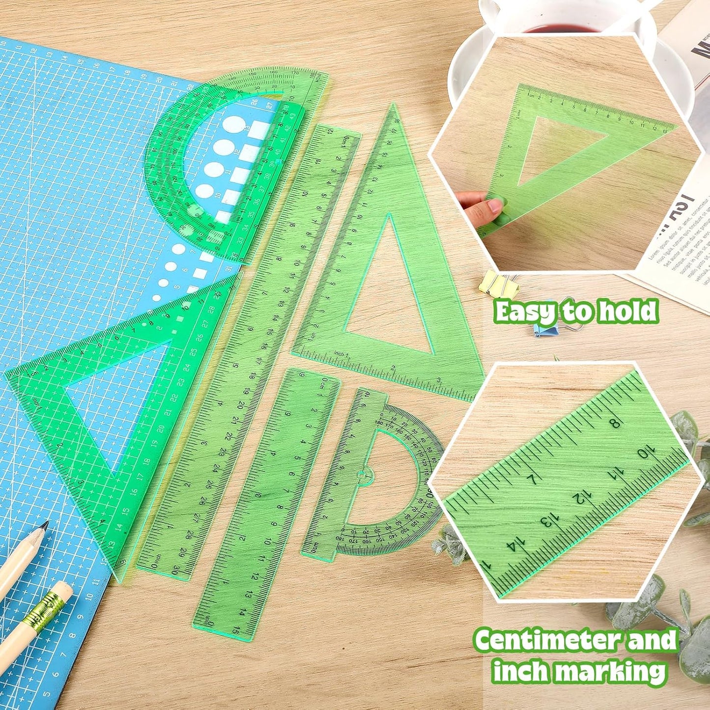 Tenare 6 Pcs Plastic Ruler Math Set Includes 12 Inch 6 Inch Straight Protractor Triangle Geometry Transparent Math Ruler Measuring Tools for School Office Home(Green)