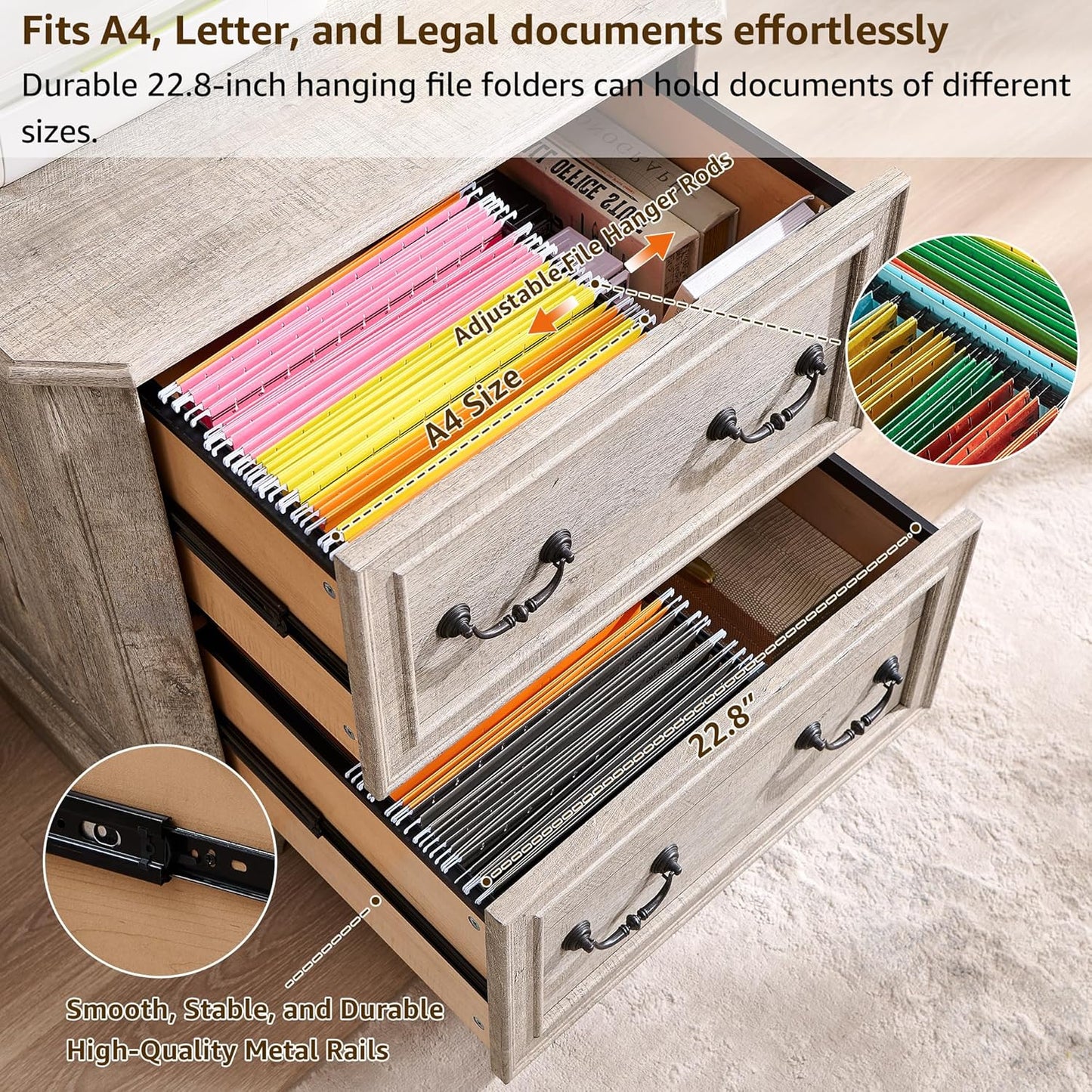 T4TREAM 2 Drawer File Cabinet Set of 2, 30" Wide Wooden Extended Desktop, Farmhouse Filing Cabinet with Smooth Rails, Holds Letter/Legal/A4, Hexagonal Design & Framed Drawer Fronts, Light Rustic Oak